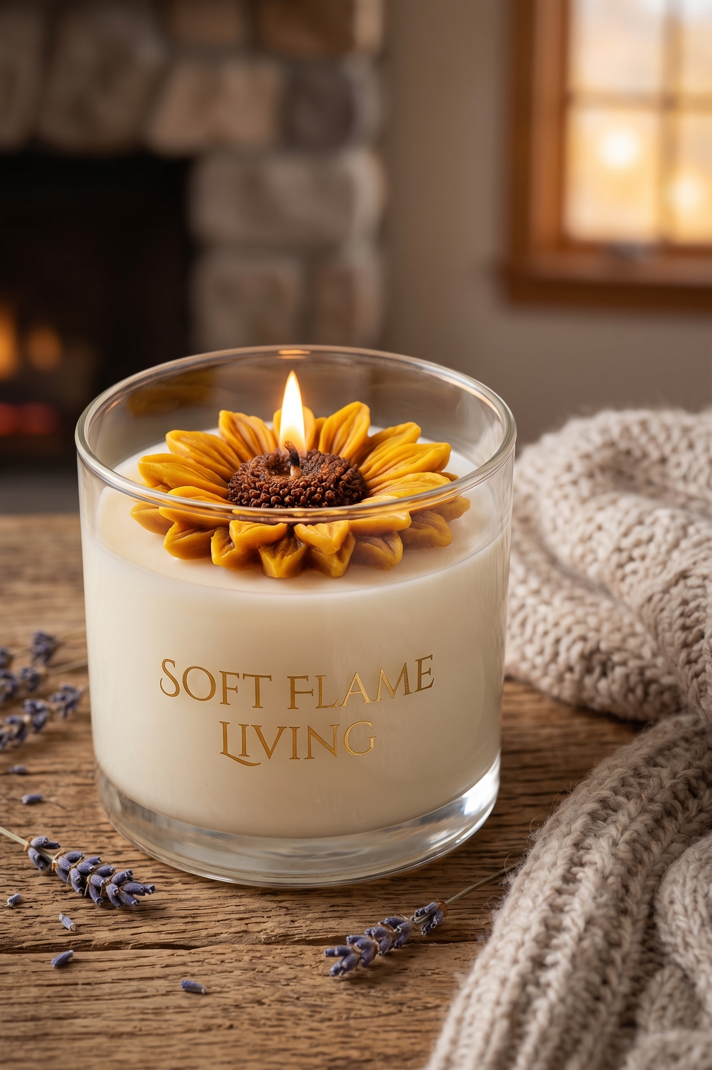 Golden Sunflower Candle – Handmade Cozy Floral Glass Candle