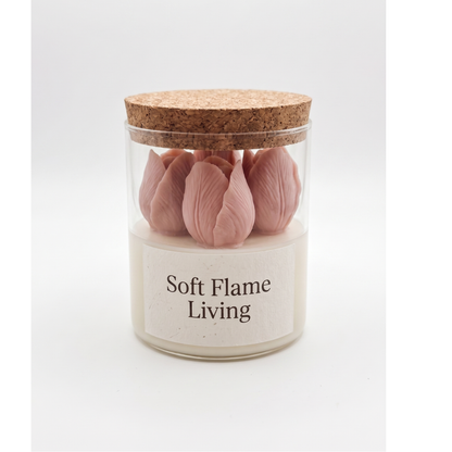 Blush Petal Glass Candle – Handmade Floral Soy Candle