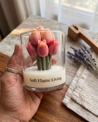Tulip Bloom Glass Candle – Handmade Floral Soy Candle