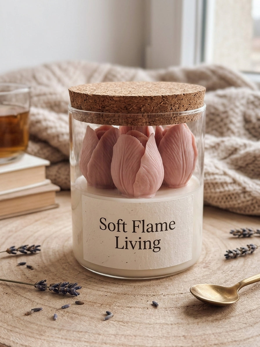 Blush Petal Glass Candle – Handmade Floral Soy Candle