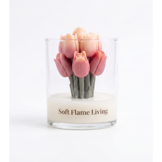 Tulip Bloom Glass Candle – Handmade Floral Soy Candle