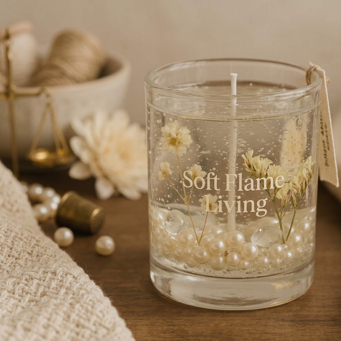 Pearl Bloom Gel Candle – Handmade Transparent Floral Candle